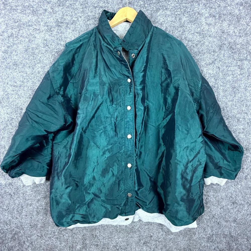 Vintage Current Seen Reversible Jacket Womens XL Shiny Green Grey Fleece 80s 90s